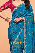 Teal Blue Organza Satin Embroidered Saree with Rose Contrast Blouse