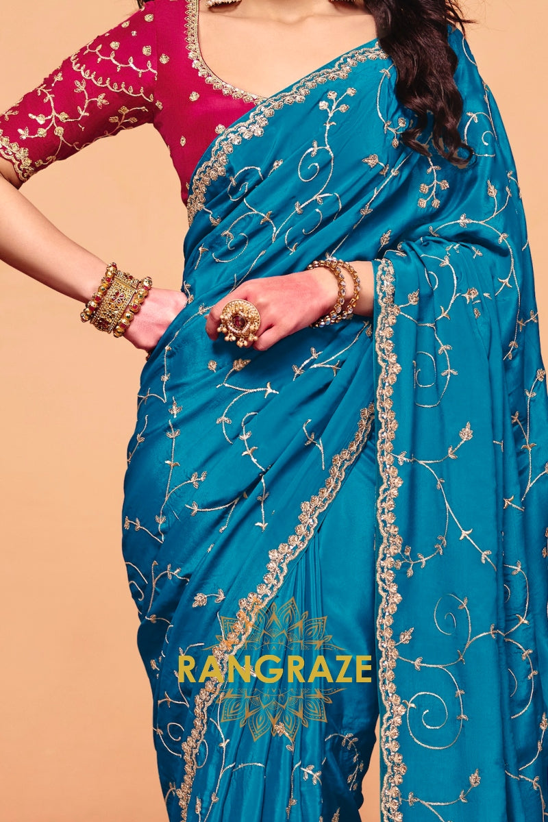 Teal Blue Organza Satin Embroidered Saree with Rose Contrast Blouse