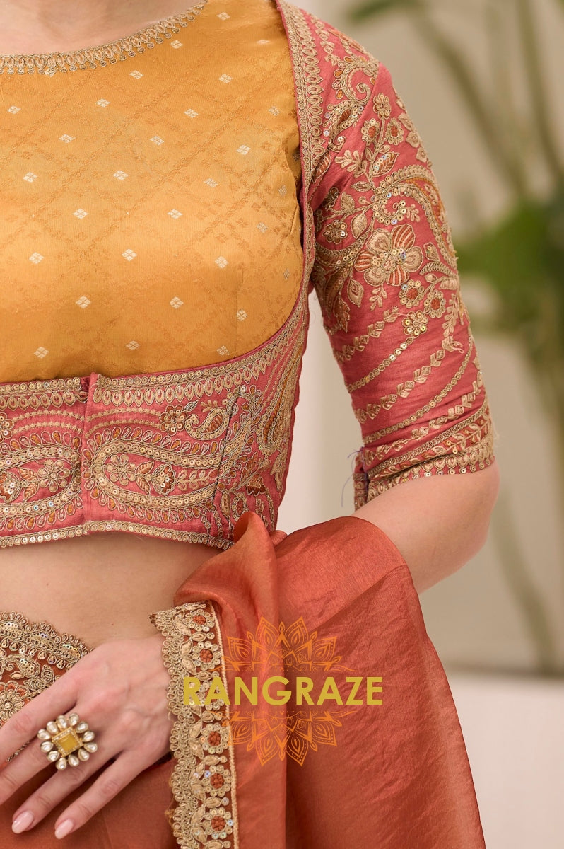 Dual Shade Rust Gold Silk Embroidered Saree with Designer Blouse