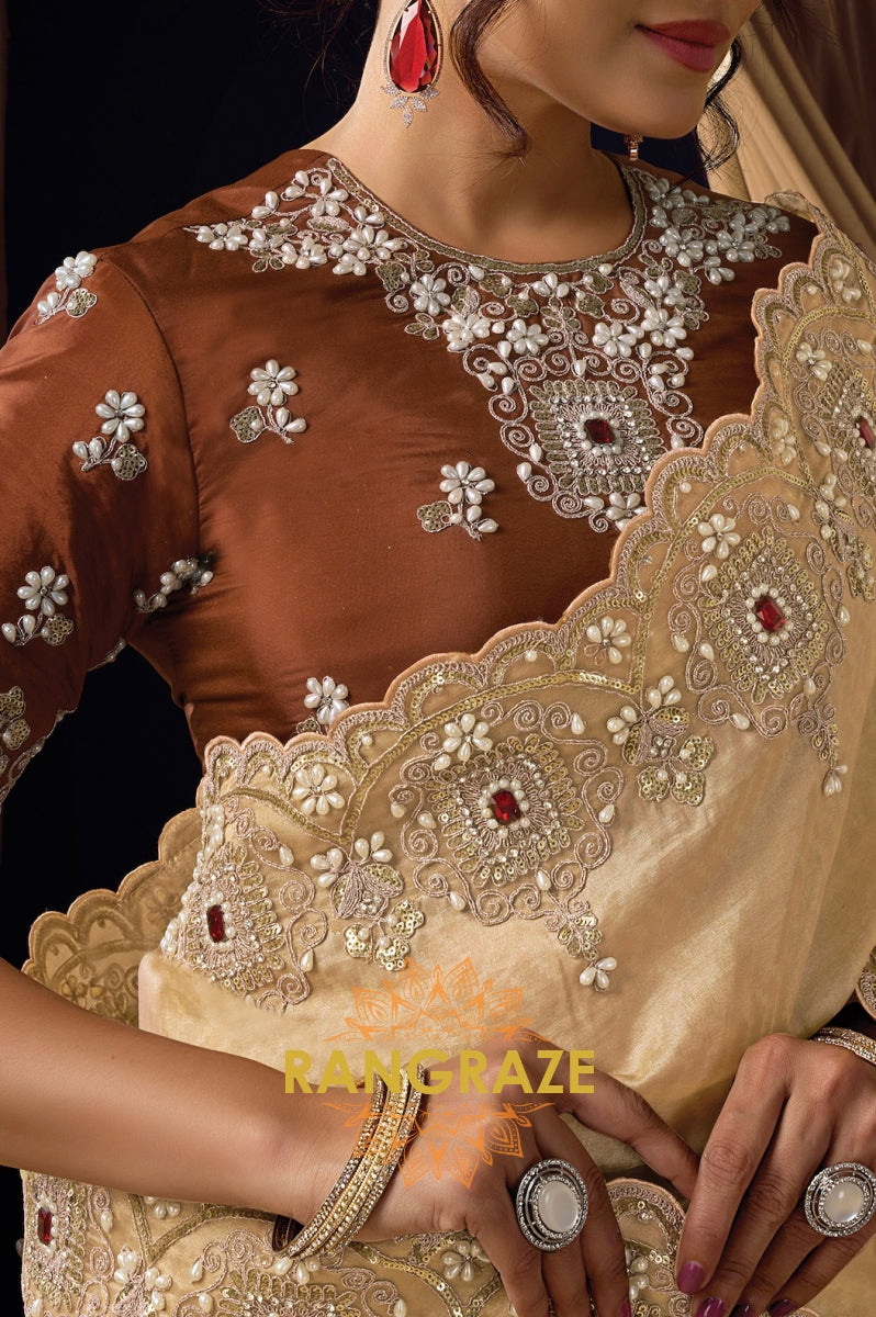Champagne Gold Satin Silk Embroidered Saree with Designer Blouse
