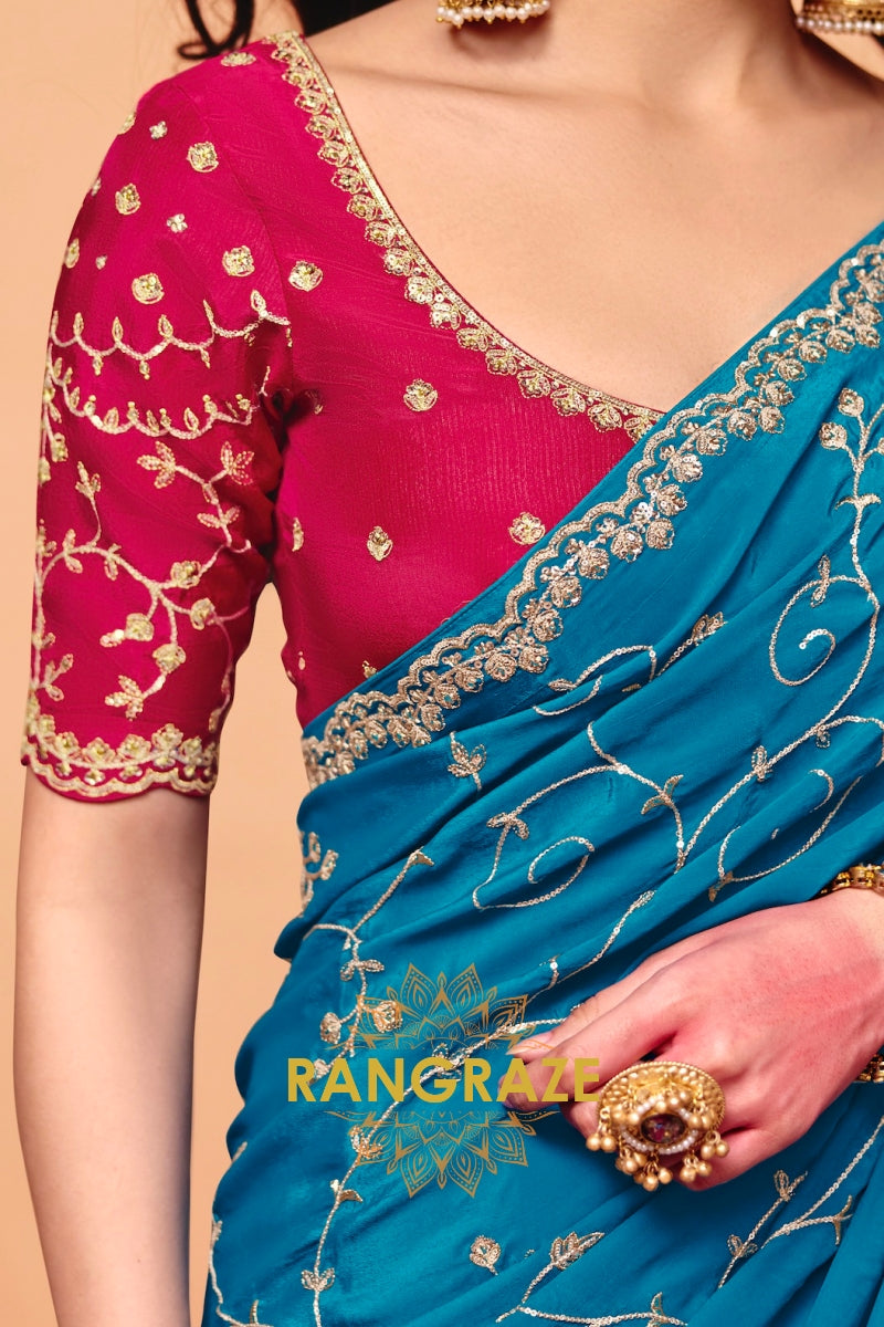 Teal Blue Organza Satin Embroidered Saree with Rose Contrast Blouse