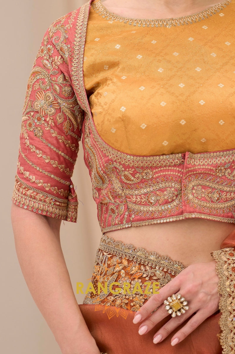 Dual Shade Rust Gold Silk Embroidered Saree with Designer Blouse