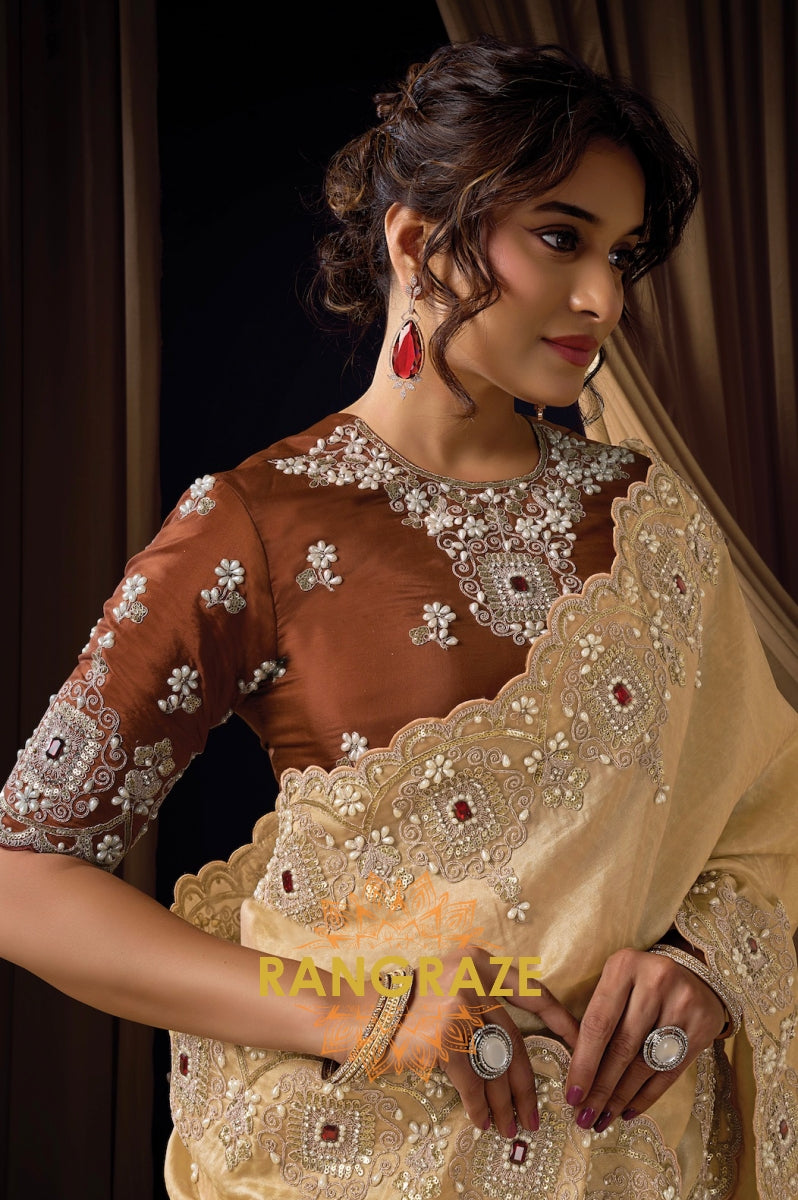 Champagne Gold Satin Silk Embroidered Saree with Designer Blouse