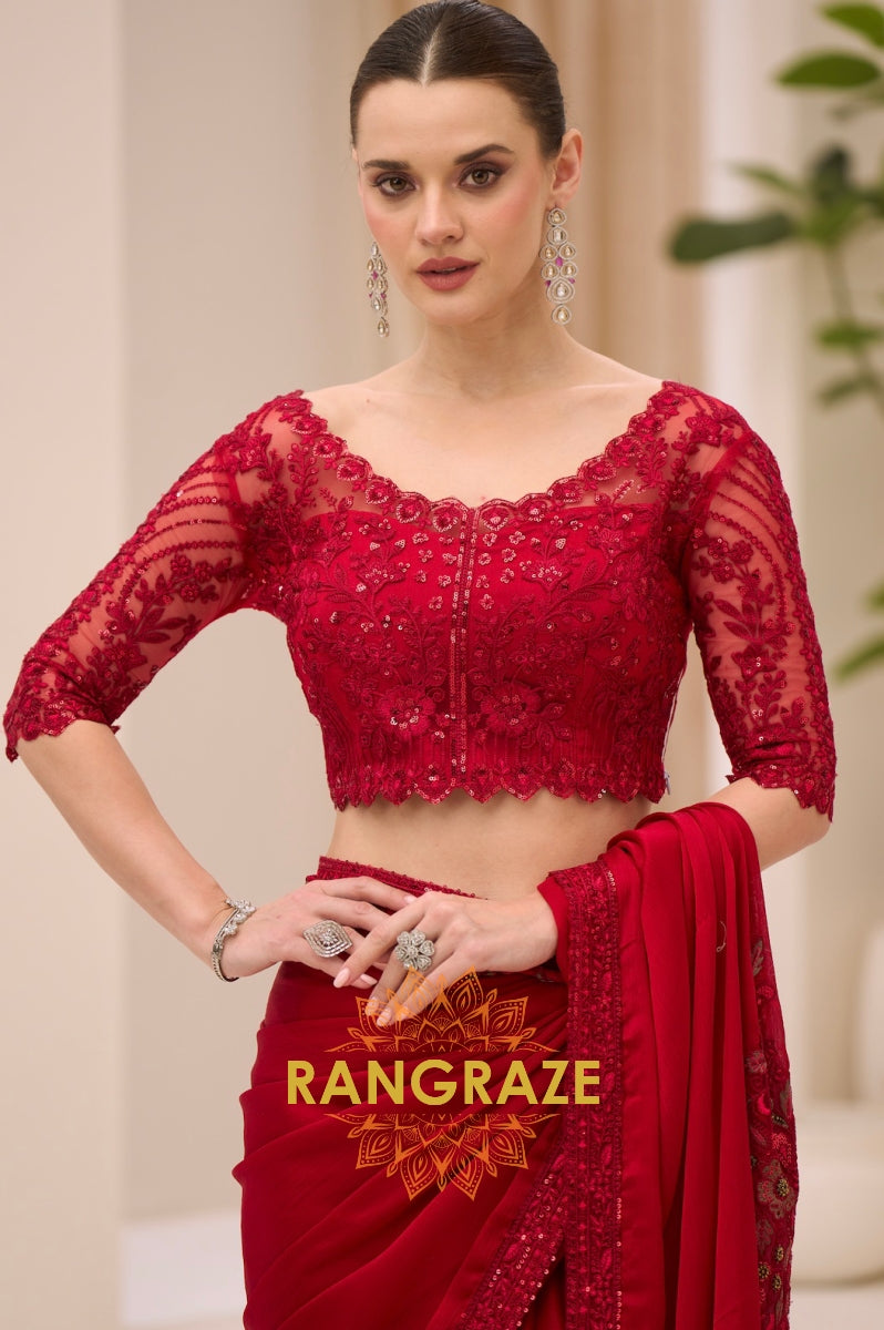 Elegant Red Satin Chiffon Embroidery Saree with Designer Blouse