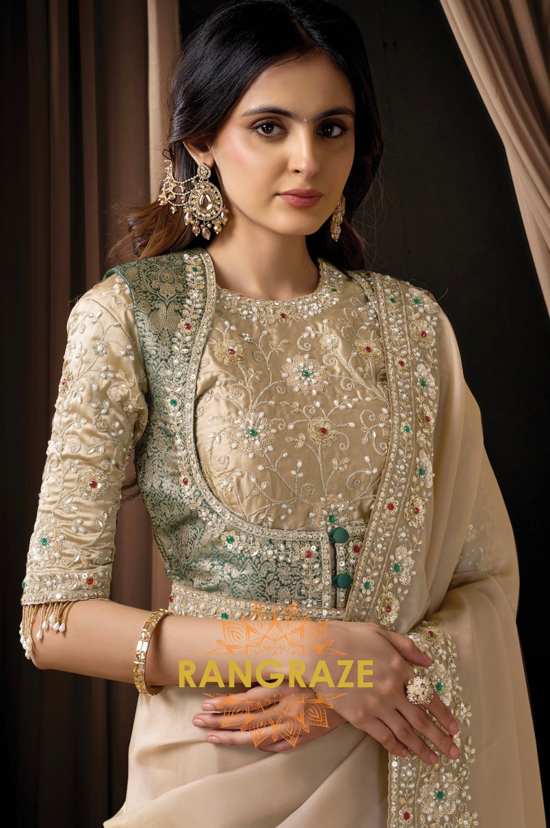 Champagne Zari Organza Satin Embroidered Saree with Rajwadi Koti Blouse