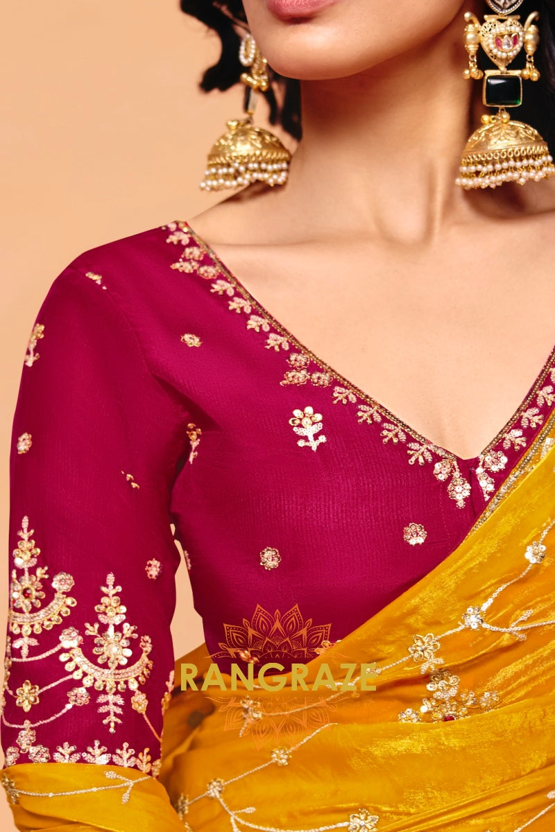 Mustard Gold Organza Satin Embroidered Saree with Contrast Blouse