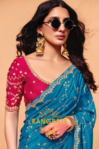 Teal Blue Organza Satin Embroidered Saree with Rose Contrast Blouse
