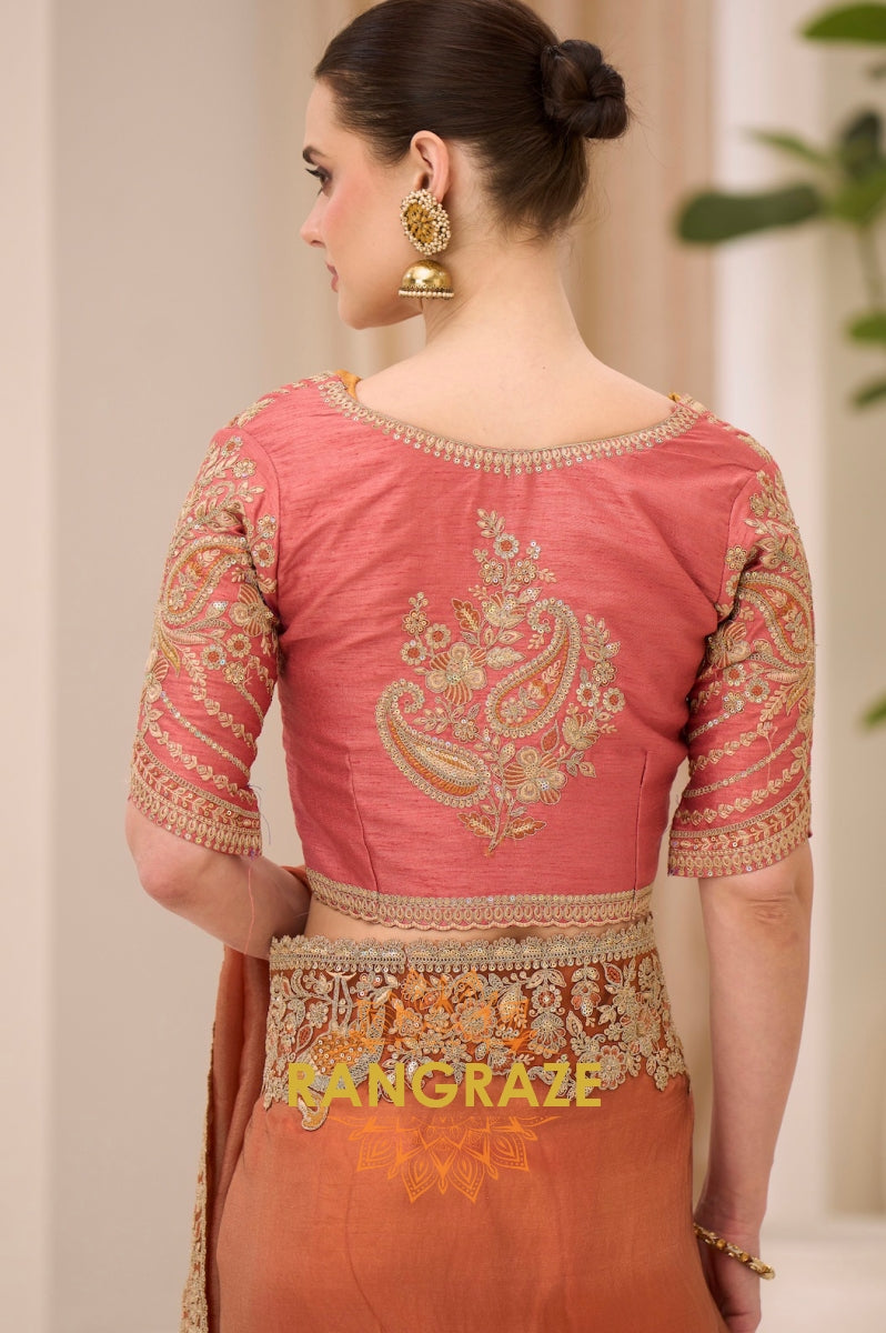 Dual Shade Rust Gold Silk Embroidered Saree with Designer Blouse