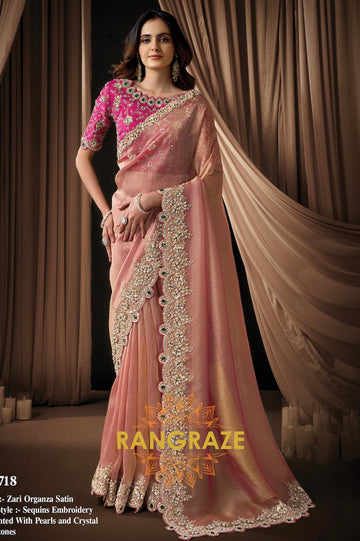 Blush Pink Satin Silk Embroidered Saree with Designer Blouse