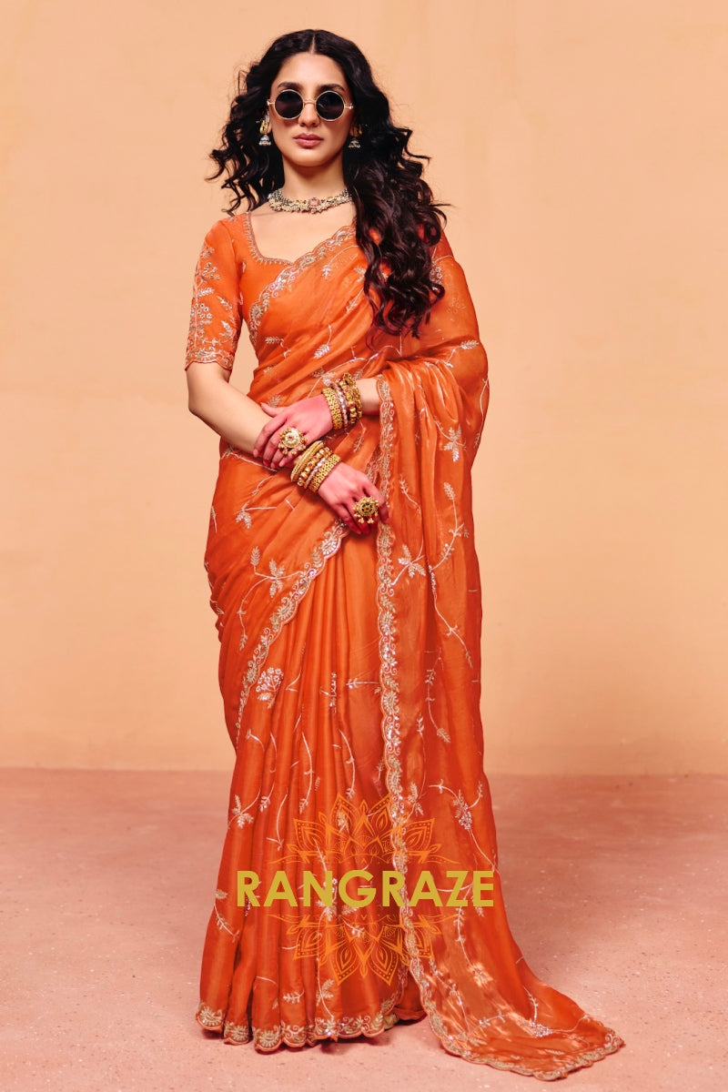 Sunlit Orange Organza Satin Embroidered Saree with Contrast Blouse