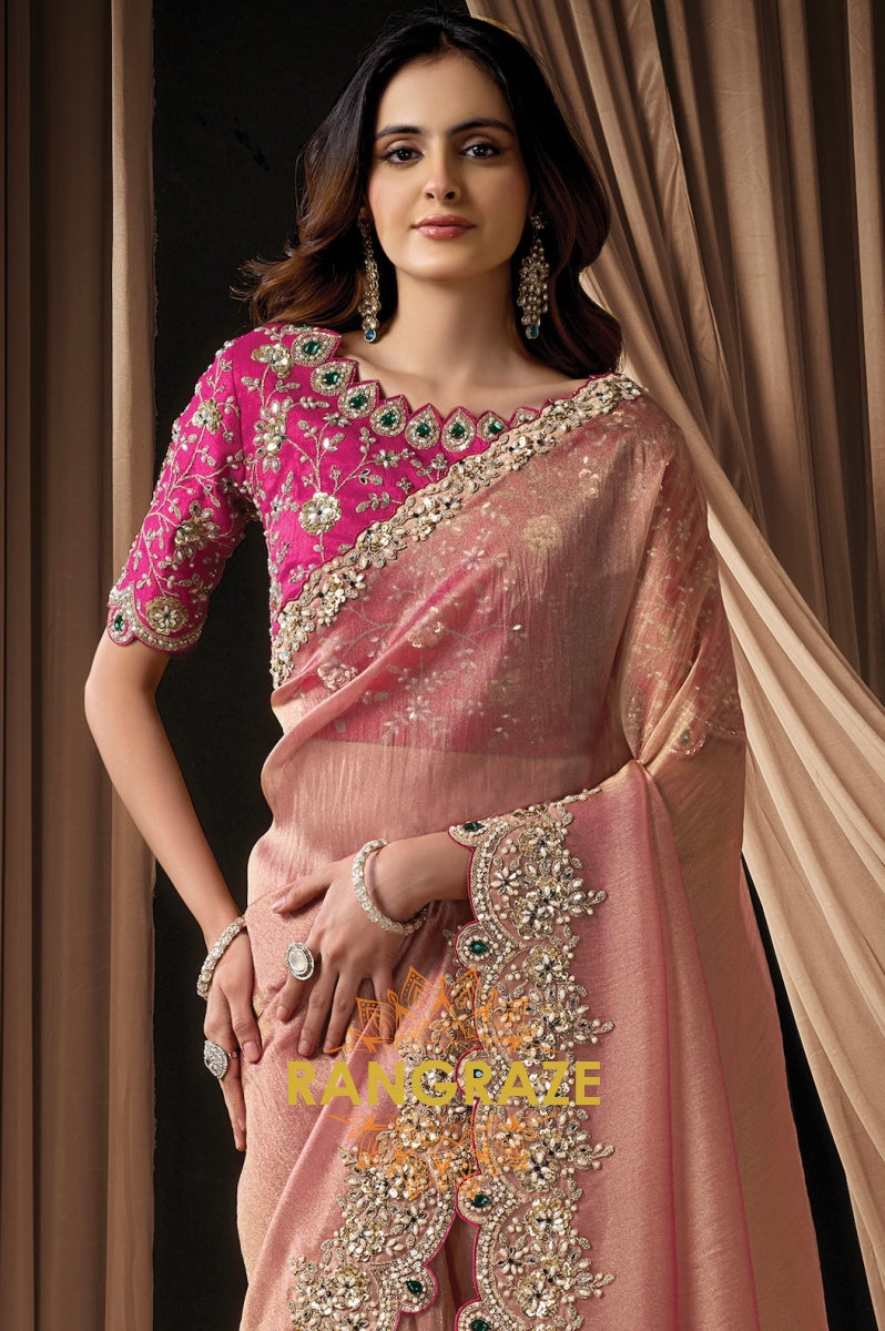 Blush Pink Satin Silk Embroidered Saree with Designer Blouse