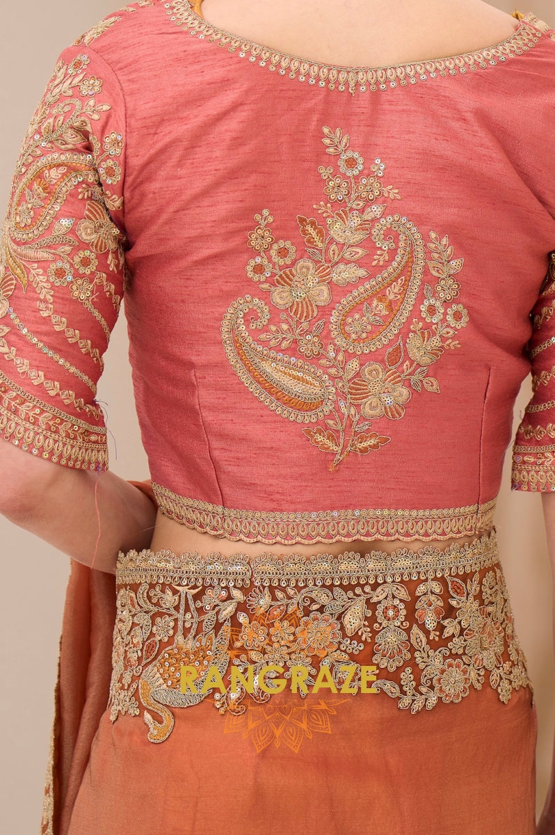 Dual Shade Rust Gold Silk Embroidered Saree with Designer Blouse