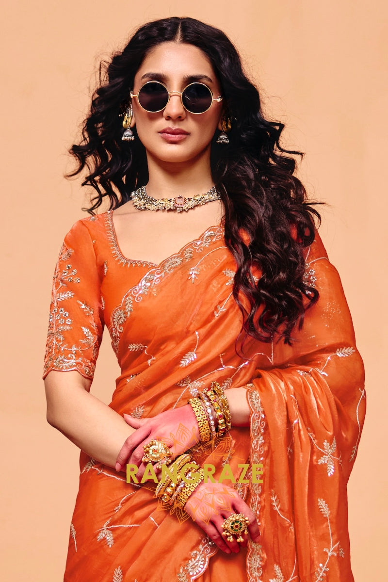 Sunlit Orange Organza Satin Embroidered Saree with Contrast Blouse