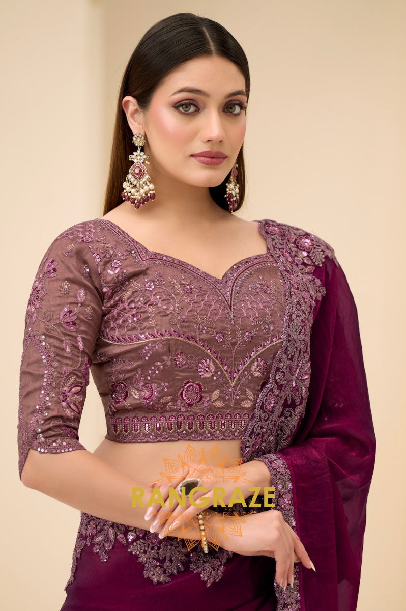 Dusty Rose Shimmer Satin Silk Embroidered Saree with Designer Blouse