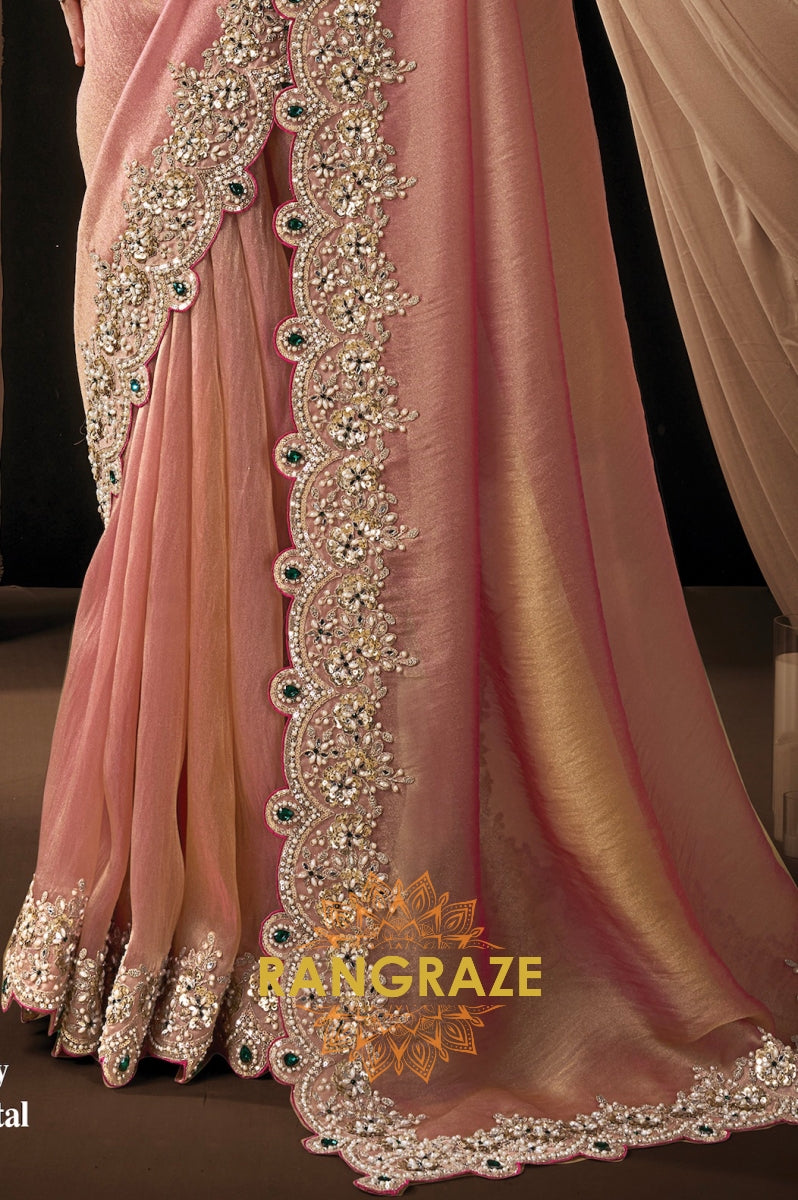 Blush Pink Satin Silk Embroidered Saree with Designer Blouse