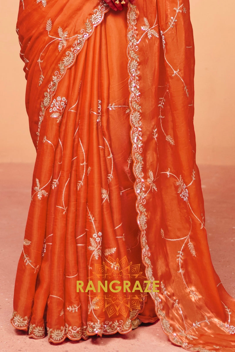 Sunlit Orange Organza Satin Embroidered Saree with Contrast Blouse