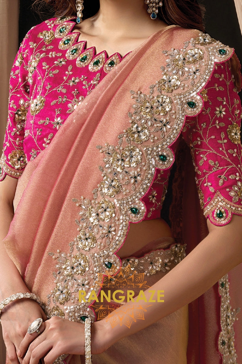Blush Pink Satin Silk Embroidered Saree with Designer Blouse