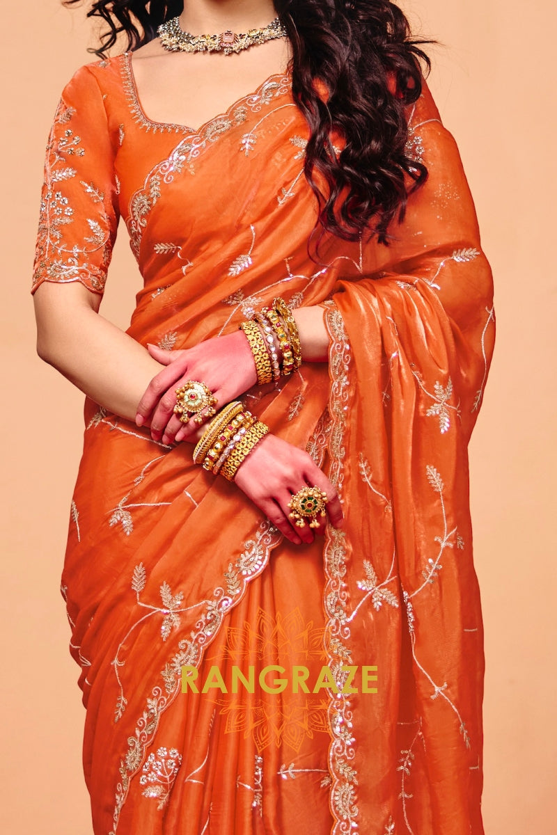Sunlit Orange Organza Satin Embroidered Saree with Contrast Blouse