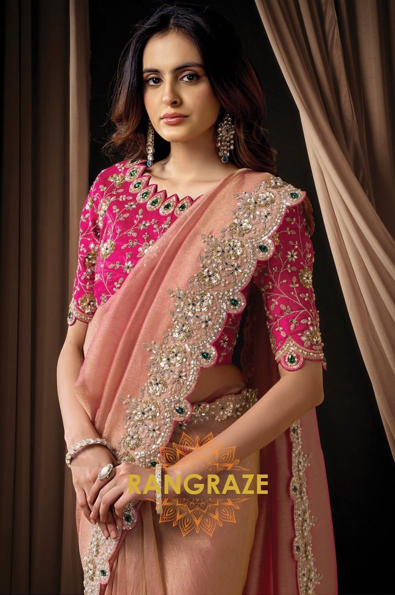 Blush Pink Satin Silk Embroidered Saree with Designer Blouse