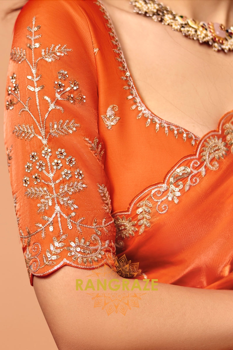 Sunlit Orange Organza Satin Embroidered Saree with Contrast Blouse