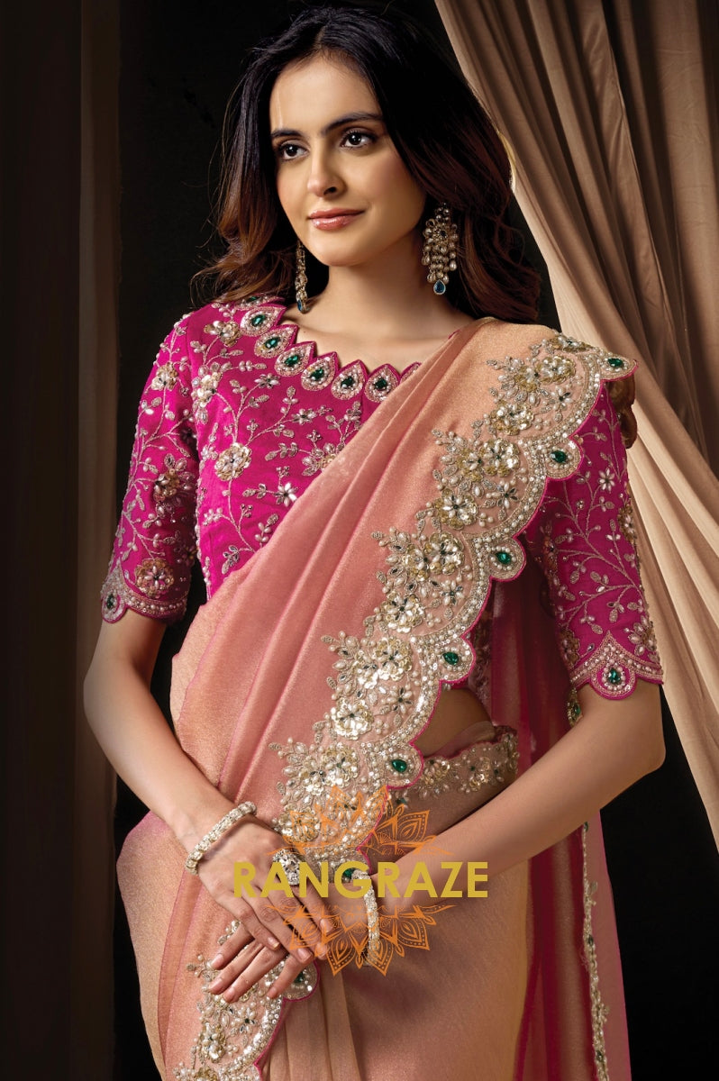 Blush Pink Satin Silk Embroidered Saree with Designer Blouse