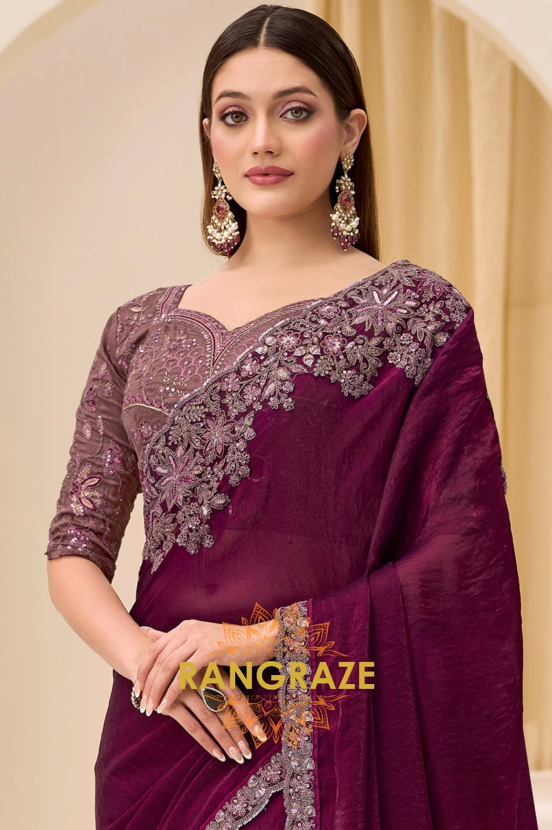 Dusty Rose Shimmer Satin Silk Embroidered Saree with Designer Blouse
