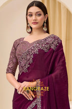 Dusty Rose Shimmer Satin Silk Embroidered Saree with Designer Blouse