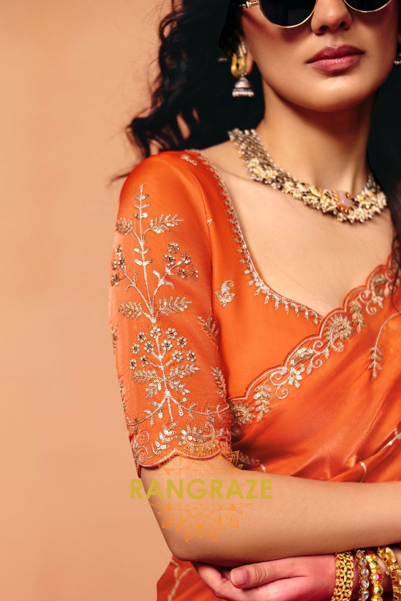 Sunlit Orange Organza Satin Embroidered Saree with Contrast Blouse