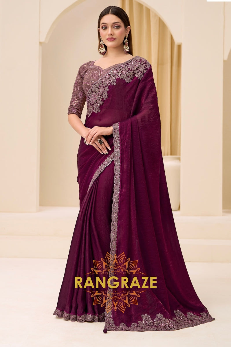 Dusty Rose Shimmer Satin Silk Embroidered Saree with Designer Blouse