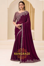 Dusty Rose Shimmer Satin Silk Embroidered Saree with Designer Blouse