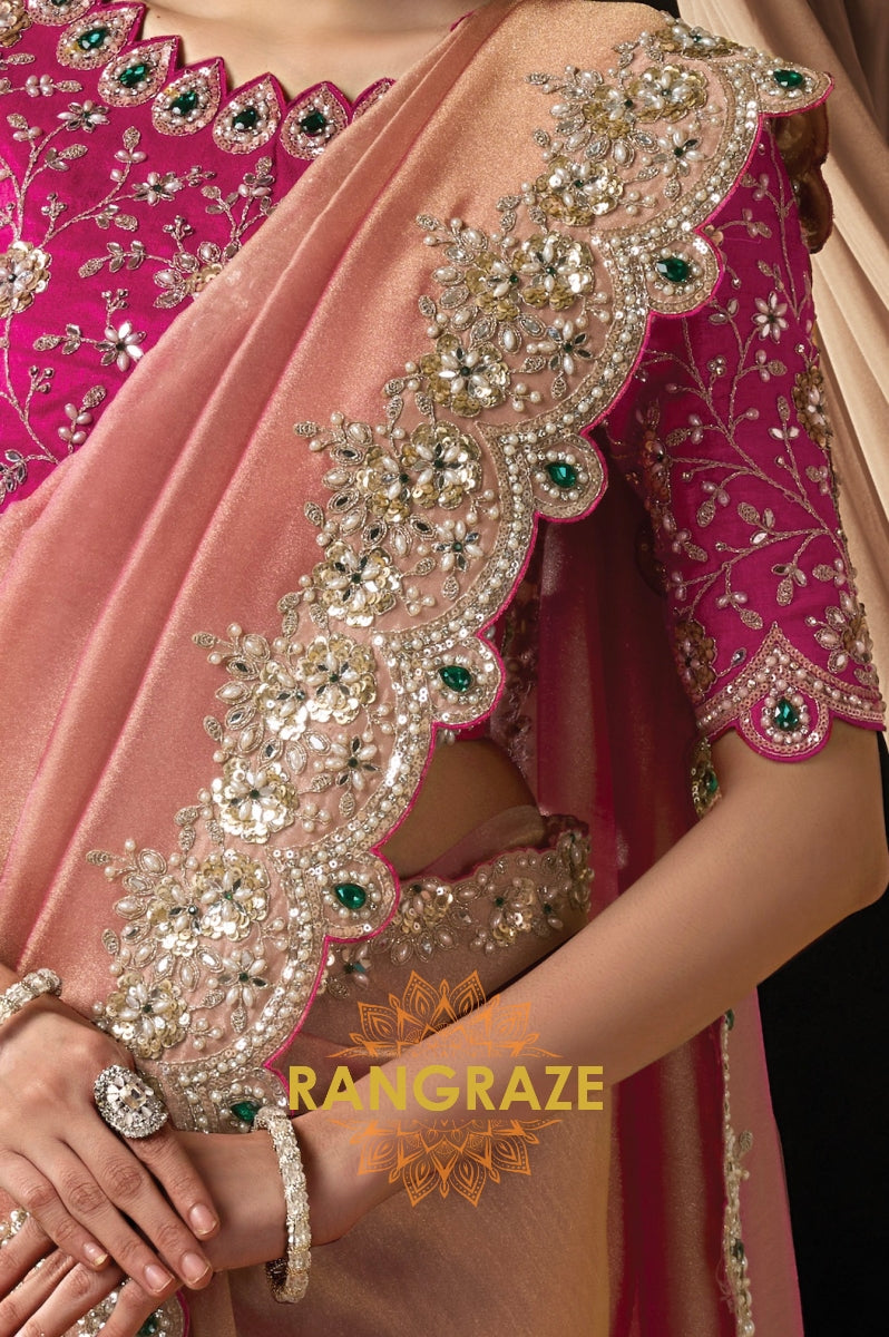 Blush Pink Satin Silk Embroidered Saree with Designer Blouse