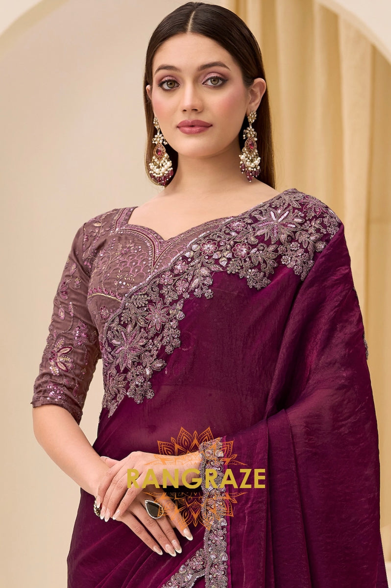 Dusty Rose Shimmer Satin Silk Embroidered Saree with Designer Blouse