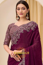 Dusty Rose Shimmer Satin Silk Embroidered Saree with Designer Blouse