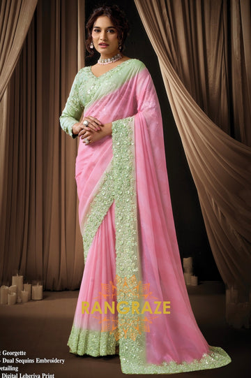 Pink & Mint Green Premium Georgette Silk Embroidered Saree