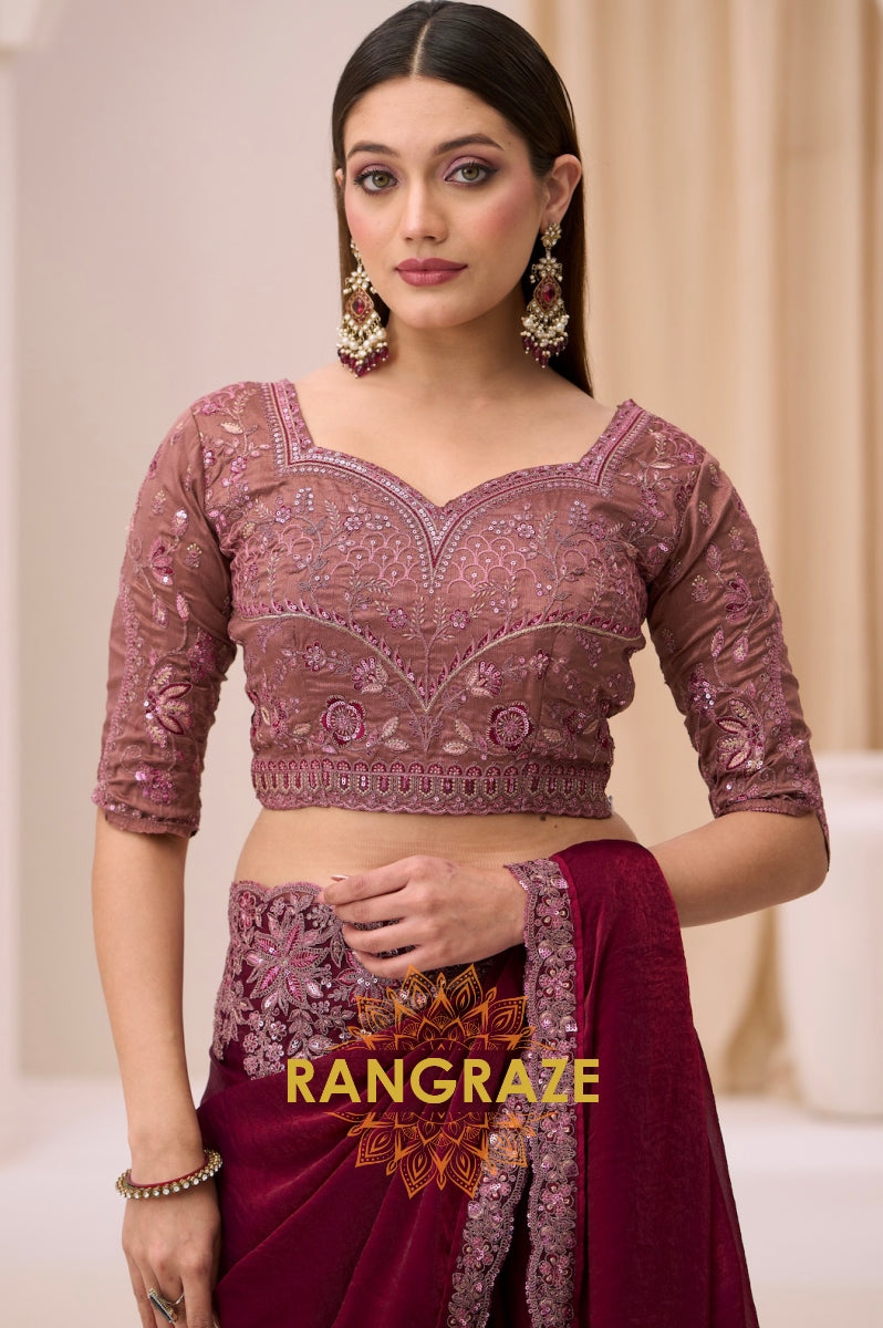 Dusty Rose Shimmer Satin Silk Embroidered Saree with Designer Blouse