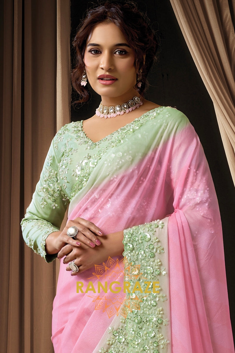 Pink & Mint Green Premium Georgette Silk Embroidered Saree