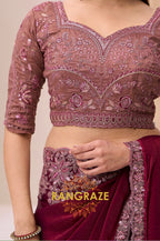 Dusty Rose Shimmer Satin Silk Embroidered Saree with Designer Blouse