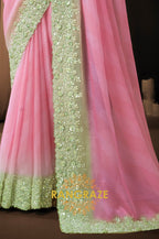 Pink & Mint Green Premium Georgette Silk Embroidered Saree