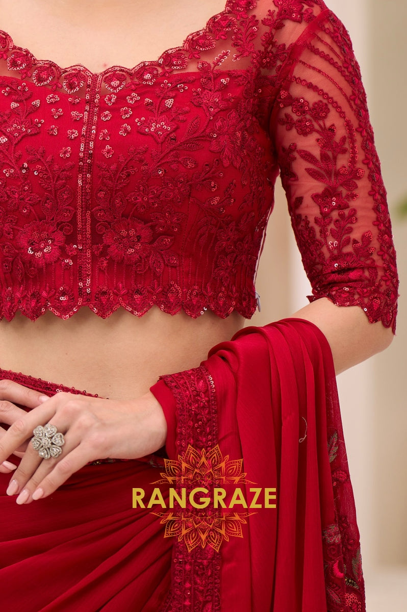 Elegant Red Satin Chiffon Embroidery Saree with Designer Blouse