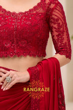 Elegant Red Satin Chiffon Embroidery Saree with Designer Blouse