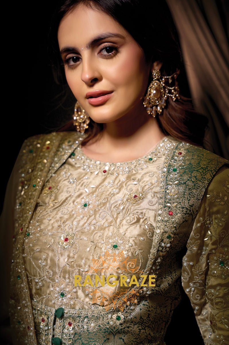 Champagne Zari Organza Satin Embroidered Saree with Rajwadi Koti Blouse