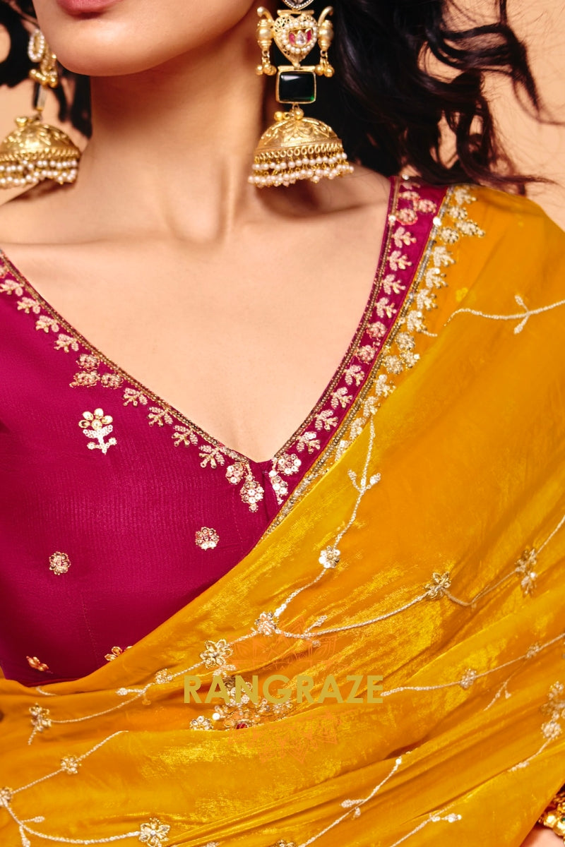 Mustard Gold Organza Satin Embroidered Saree with Contrast Blouse