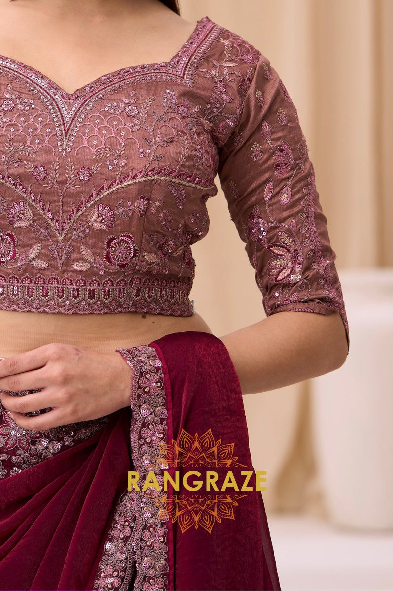 Dusty Rose Shimmer Satin Silk Embroidered Saree with Designer Blouse