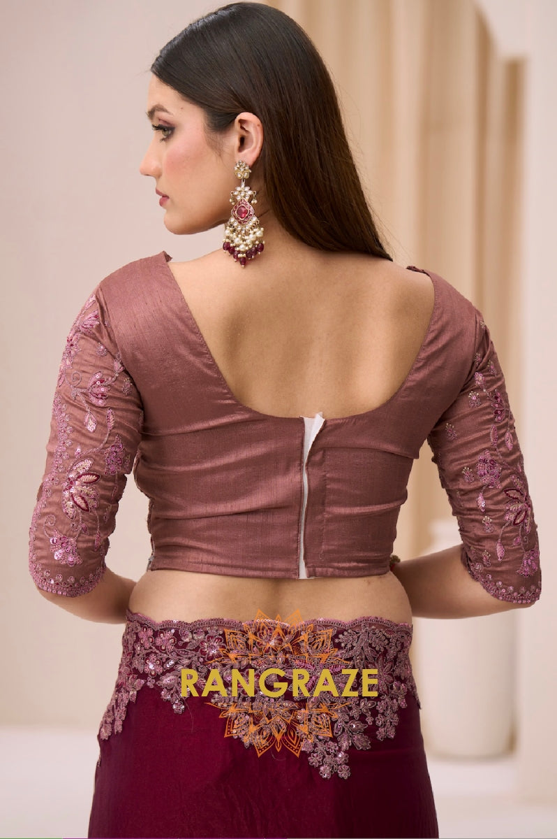 Dusty Rose Shimmer Satin Silk Embroidered Saree with Designer Blouse