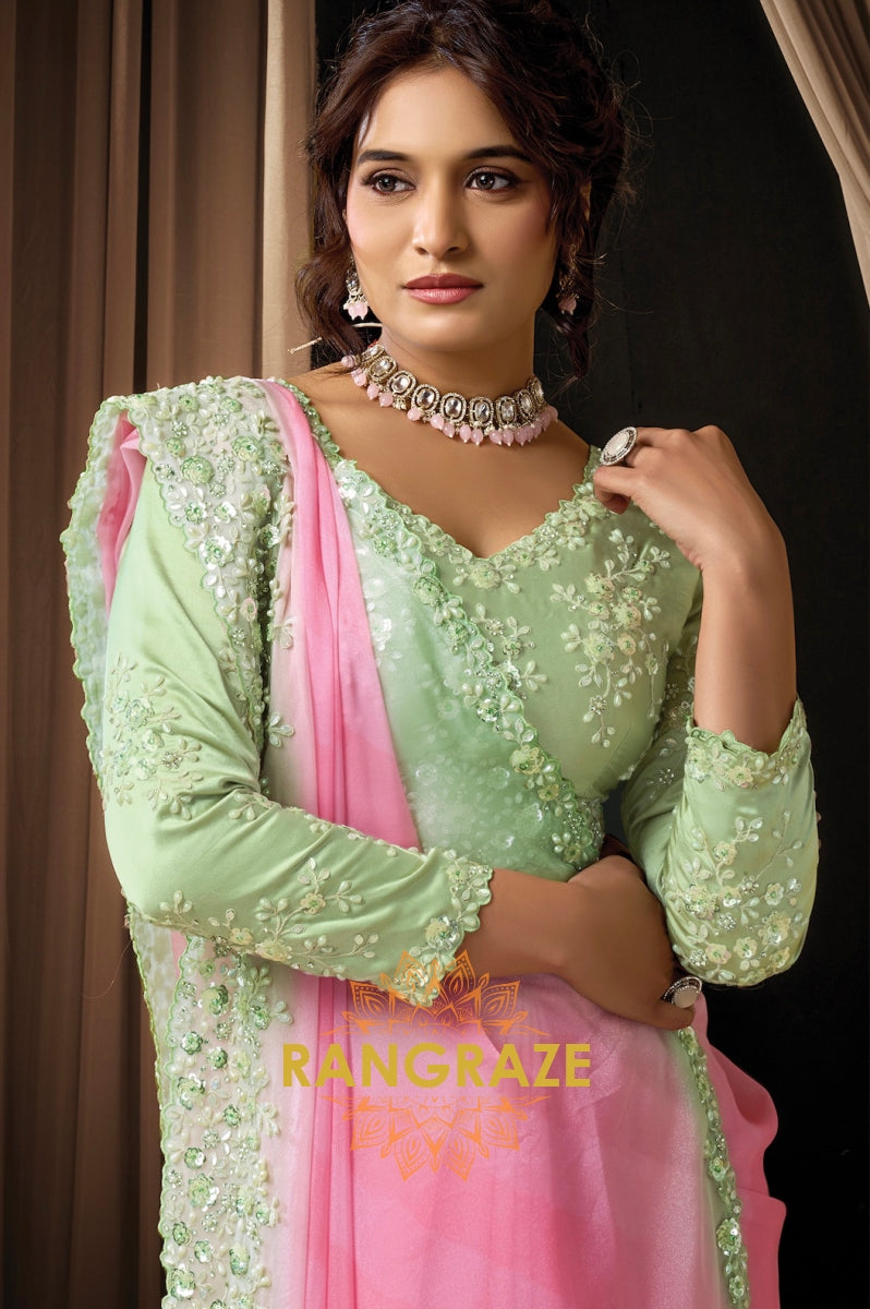 Pink & Mint Green Premium Georgette Silk Embroidered Saree