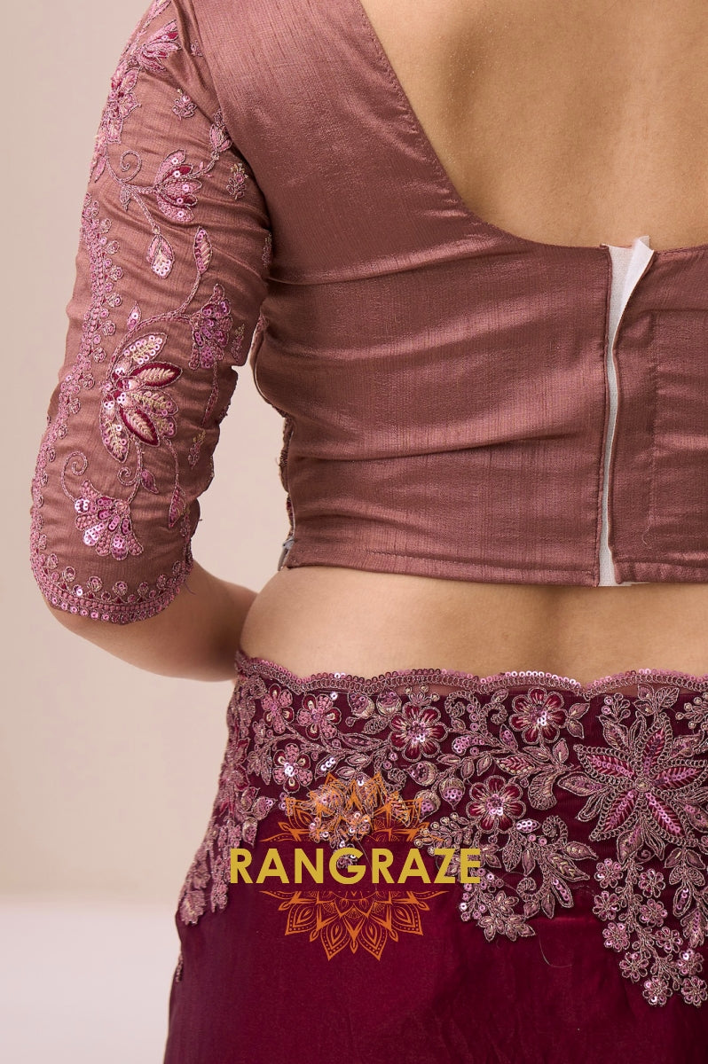 Dusty Rose Shimmer Satin Silk Embroidered Saree with Designer Blouse