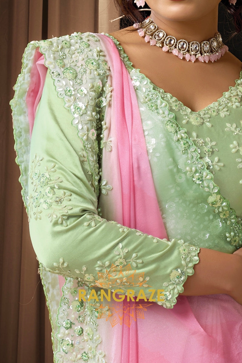 Pink & Mint Green Premium Georgette Silk Embroidered Saree