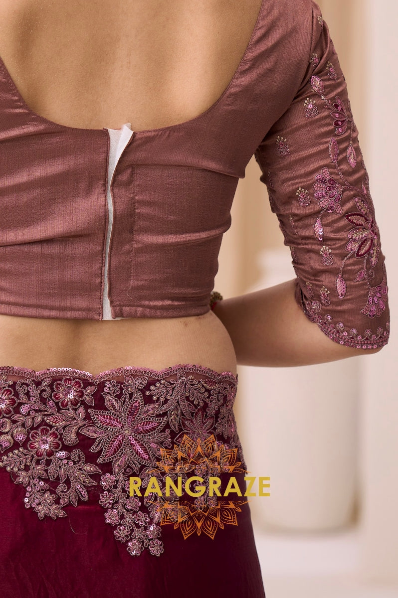 Dusty Rose Shimmer Satin Silk Embroidered Saree with Designer Blouse