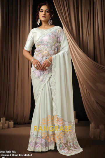 Mint Green Premium Satin Silk Floral Embroidered Saree
