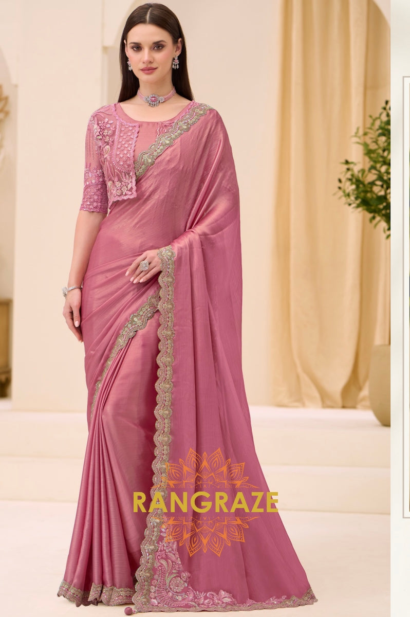 Teal Green Tissue Silk Embroidered Saree with Designer Blouse